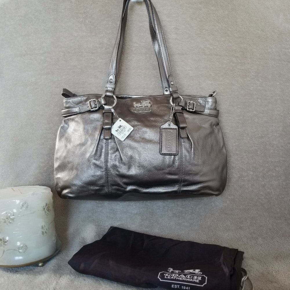 New COACH gun metal leather shoulder bag